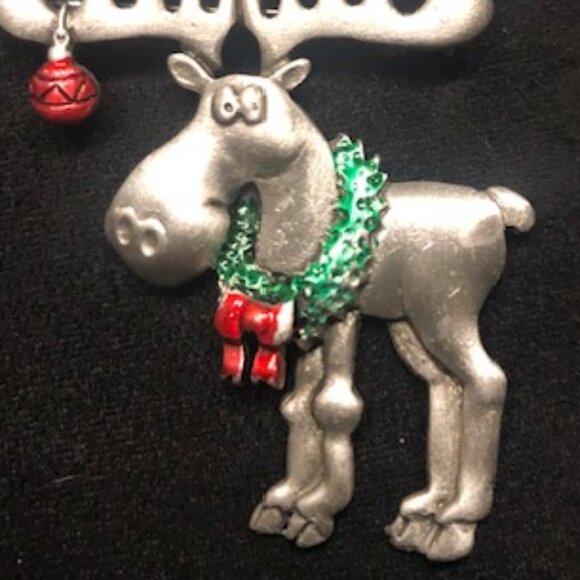 Vintage JJ Jonette Jewelry Silver Pewter Enamel Merry Christmoose Brooch Pin - Picture 2 of 6
